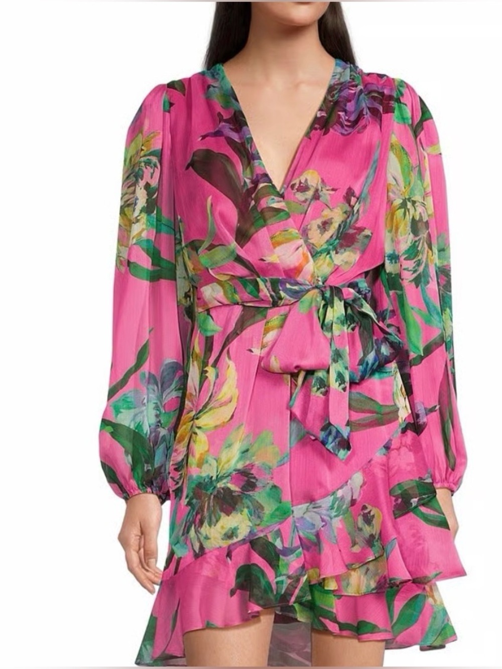 Alex Marie Hot Pink Tropical Floral Chiffon Ruffle Wrap Dress